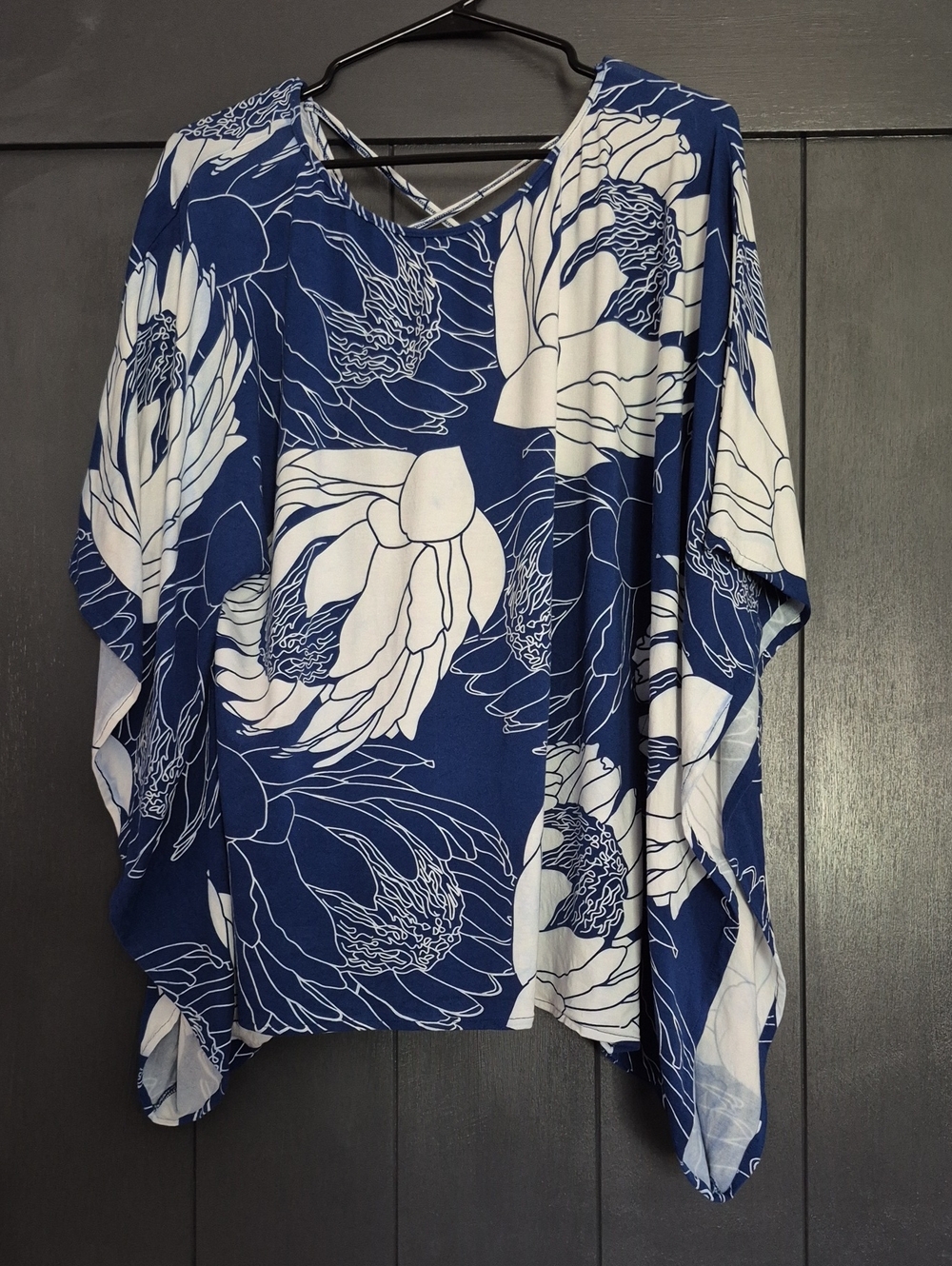 Simply Sisters Blue and White Floral Tunic Top with Crisscross Back